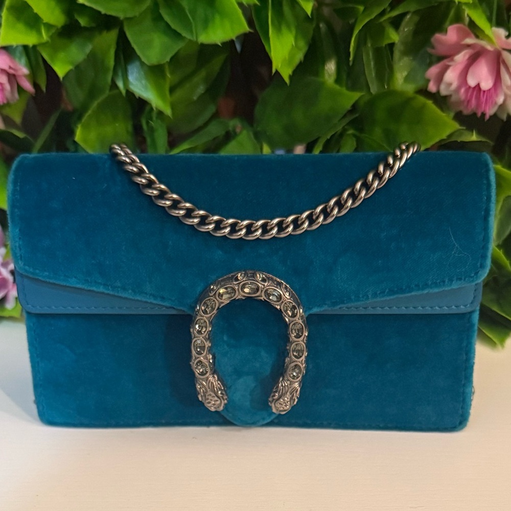 Gucci Dionysus Super Mini Turquoise Velvet leather clutch crossbody bag